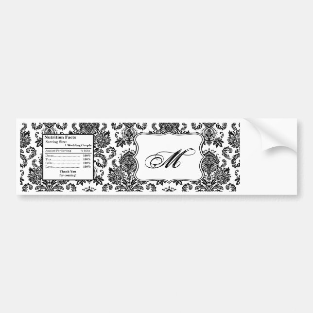 Water Bottle Label Black White Damask Lace Print (Front)