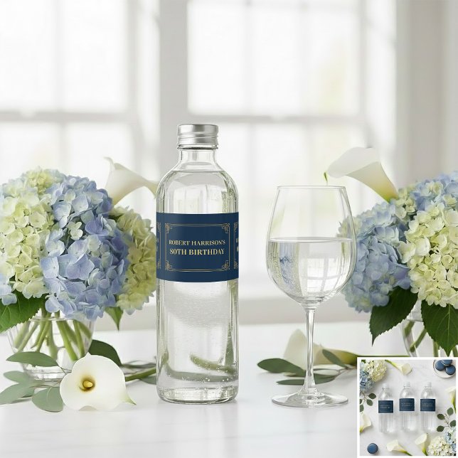 Water Bottle Label Chic Navy Gold 80th Birthday (SEE FULL SUITE AT BOTTOM)