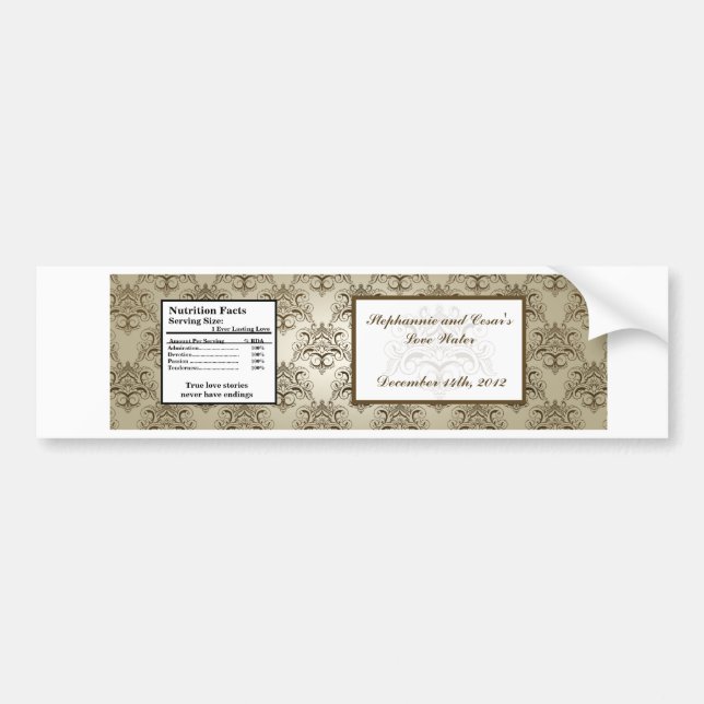 Water Bottle Label Tanish Brown Damask (Front)