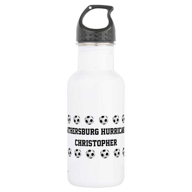 Water Bottle, Personalised, Soccer Black on White 532 Ml Water Bottle (Front)