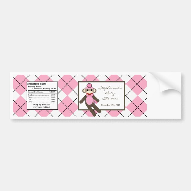 Water Bottle Pink Argyle Sock Monkey Bumper Sticker (Front)