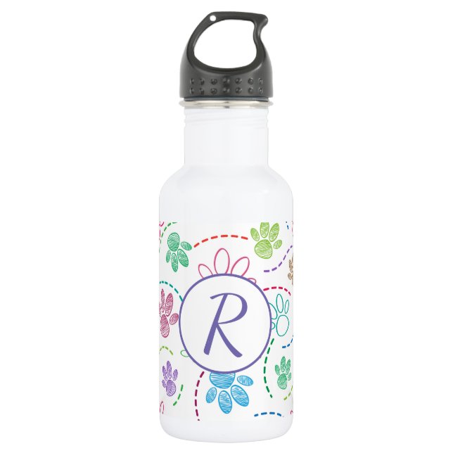 Water bottle with colourful paw print pattern (Front)