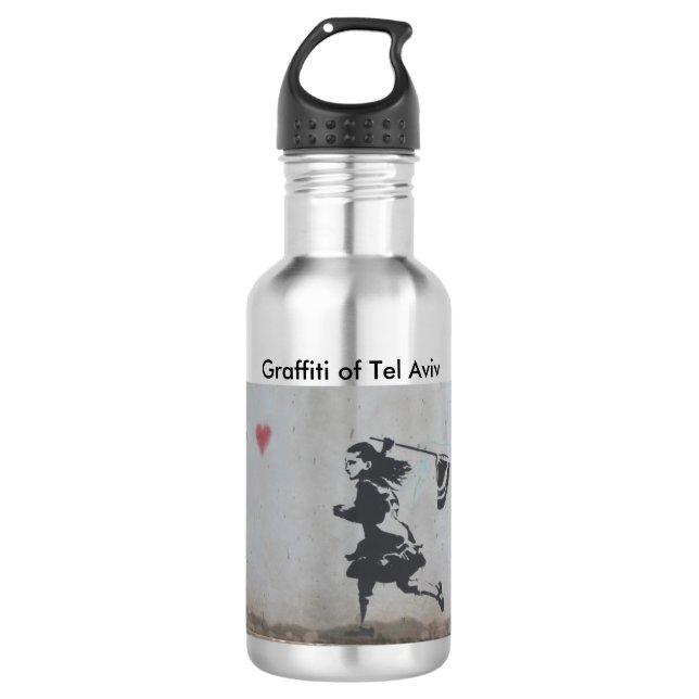 Water bottle with graffiti of girl catching heart (Front)