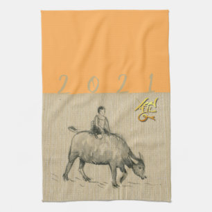 Water Buffalo Child Chinese Ox Year 2021 C colour  Tea Towel