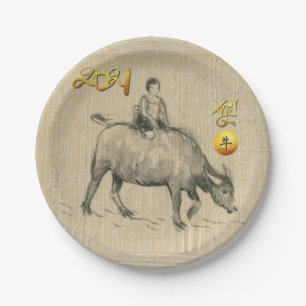 Water Buffalo Child Chinese Ox Year 2021 PP Paper Plate