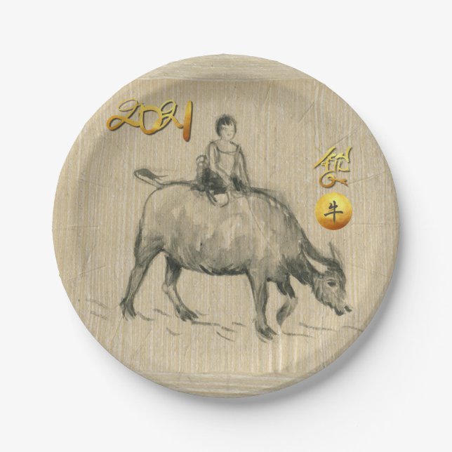 Water Buffalo Child Chinese Ox Year 2021 PP Paper Plate (Front)