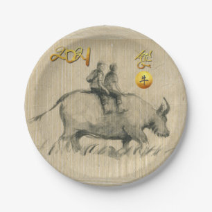 Water Buffalo Children Chinese Ox Year 2021 PP Paper Plate
