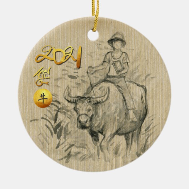 Water Buffalo Kid Chinese Ox Year 2021 CRO Ceramic Tree Decoration (Front)
