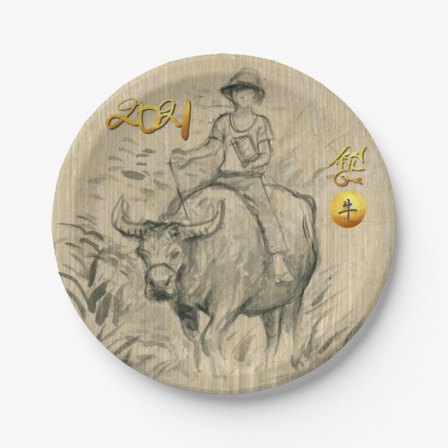 Water Buffalo Kid Chinese Ox Year 2021 PP Paper Plate (Front)
