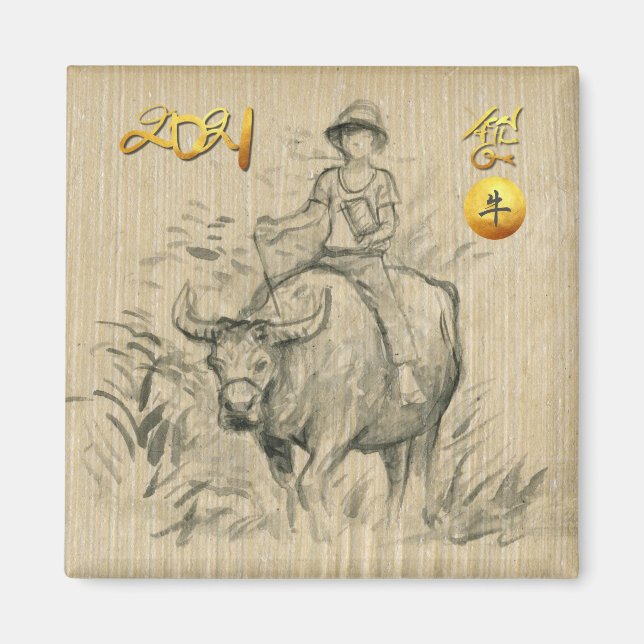 Water Buffalo Kid Chinese Ox Year 2021 SqRM Magn Magnet (Front)