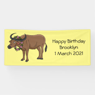 Water buffalo with flowers cartoon illustration banner