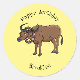 Water buffalo with flowers cartoon illustration  classic round sticker