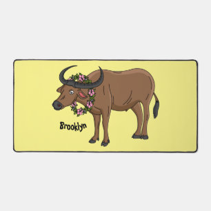 Water buffalo with flowers cartoon illustration desk mat