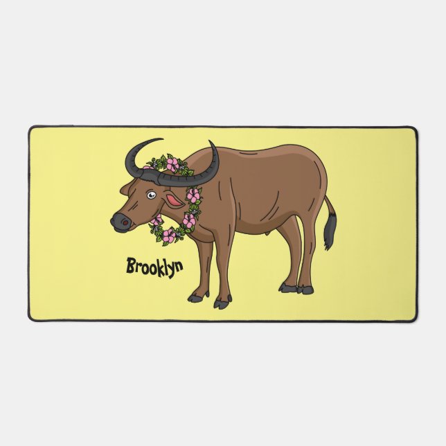 Water buffalo with flowers cartoon illustration  desk mat (Front)