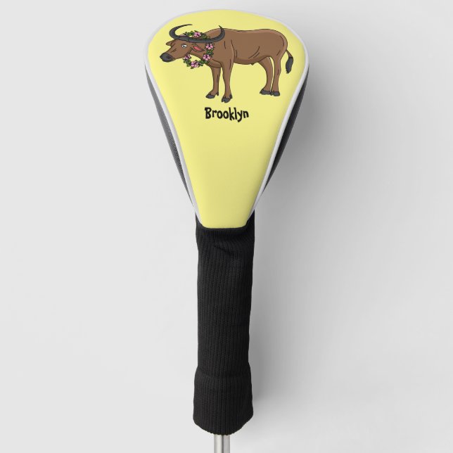 Water buffalo with flowers cartoon illustration golf head cover (Front)