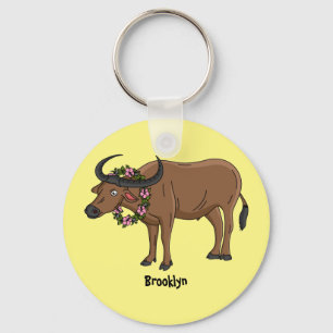 Water buffalo with flowers cartoon illustration key ring