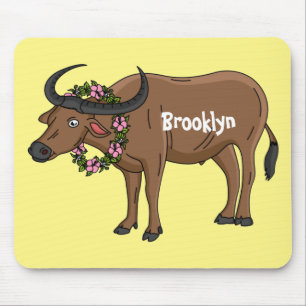 Water buffalo with flowers cartoon illustration mouse mat