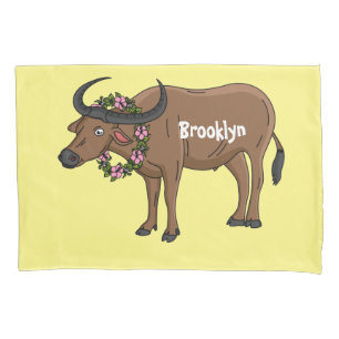 Water buffalo with flowers cartoon illustration pillowcase
