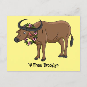 Water buffalo with flowers cartoon illustration postcard
