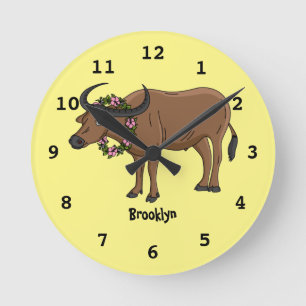 Water buffalo with flowers cartoon illustration round clock
