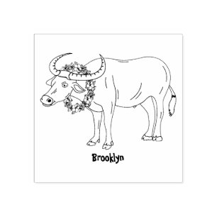 Water buffalo with flowers cartoon illustration rubber stamp