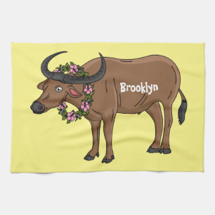 Water buffalo with flowers cartoon illustration tea towel
