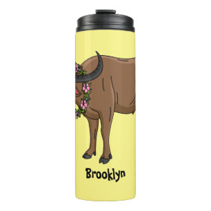 Water buffalo with flowers cartoon illustration thermal tumbler
