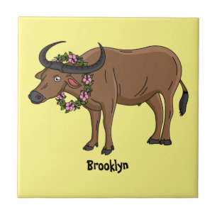 Water buffalo with flowers cartoon illustration tile