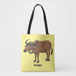 Water buffalo with flowers cartoon illustration tote bag