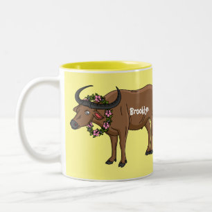 Water buffalo with flowers cartoon illustration  Two-Tone coffee mug