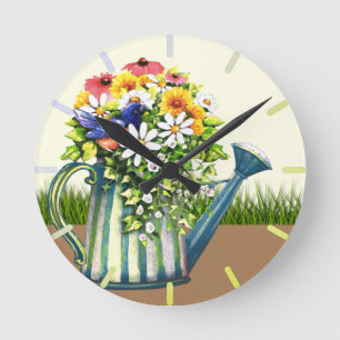 Water Can with Wildflowers Round Clock