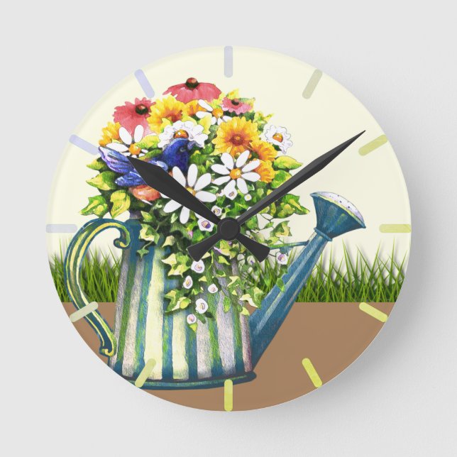 Water Can with Wildflowers Round Clock (Front)
