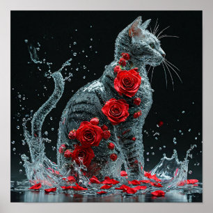 🌹 Water Cat Surrounded Red Roses Fantasy Romantic Poster