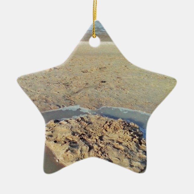 Water Circle in Sand on Beach, Summer Time Ceramic Tree Decoration (Front)