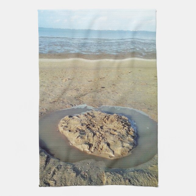 Water Circle in Sand on Beach, Summer Time Tea Towel (Vertical)
