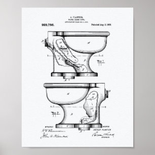 Water Closet Bowl 1909 Patent Art White Paper Poster