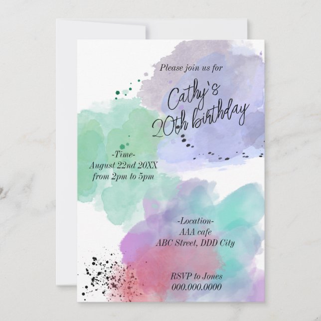 Water Color Adults Simple Birthday Invitation Card (Front)