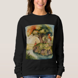 WATER COLOR ART OF A RIVER A GIRL AND A HOUSE ETC SWEATSHIRT