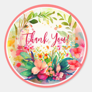 WATER COLOR DESIGN FLOWERS "THANK YOU"    CLASSIC ROUND STICKER