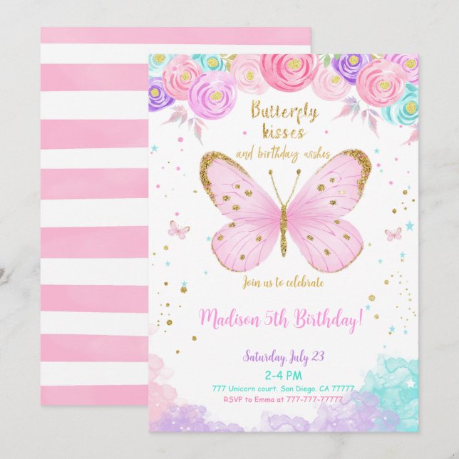 Water Colour 5th Birthday Butterfly Invitation (Front/Back)