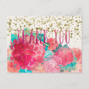 Water colour and Gold Sequined Thank You Postcard