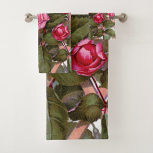 Water Colour Art Pink and Red Roses Bath Towel Set