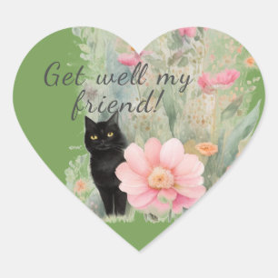 Water colour Black Cat in Flowergarden    Heart Sticker