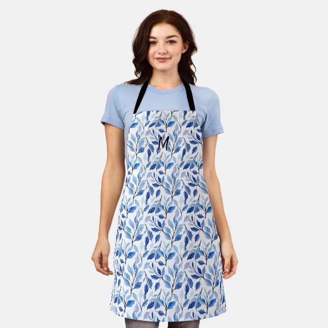 Water Colour Blue Leaf Mosaic Fine Art Monogram Apron (Worn)