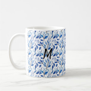 Water Colour Blue Leaf Mosaic Fine Art Monogram Coffee Mug