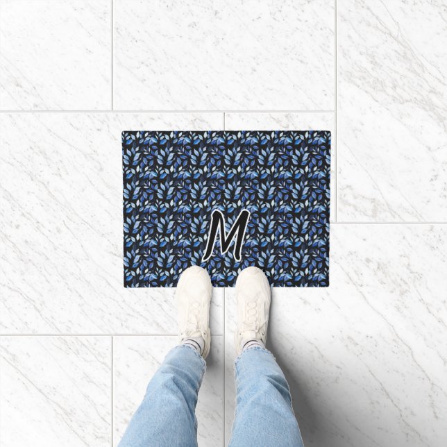 Water Colour Blue Leaf Mosaic Fine Art Monogram Doormat (Indoor)