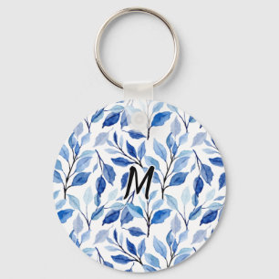 Water Colour Blue Leaf Mosaic Fine Art Monogram Key Ring