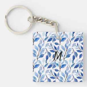 Water Colour Blue Leaf Mosaic Fine Art Monogram Key Ring