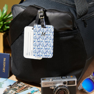 Water Colour Blue Leaf Mosaic Fine Art Monogram Luggage Tag