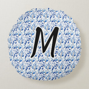 Water Colour Blue Leaf Mosaic Fine Art Monogram Round Cushion